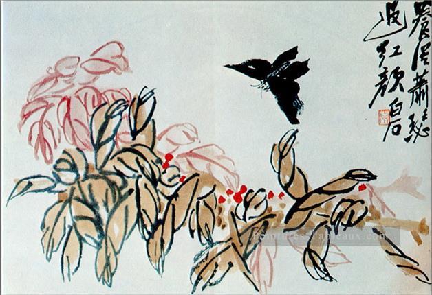 Qi Baishi Impatiens et papillon ancienne Chine à l’encre Peintures à l'huile